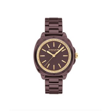 COACH 官方授權 紐約 酒紅色陶瓷晶鑽錶-女錶(CO14504403)34mm