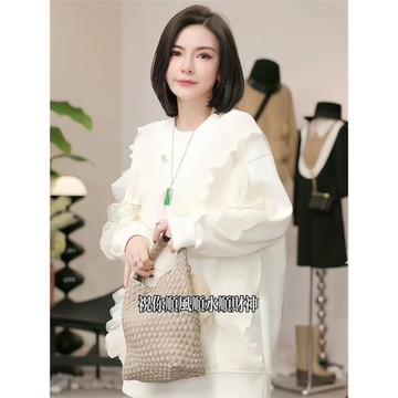 歐貨重磅早秋新款女裝2025白色圓領高級感花邊寬松中長款衛衣上衣