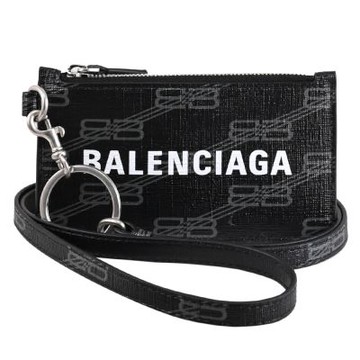 BALENCIAGA 經典印花皮革品牌LOGO頸掛式卡片零錢包(黑)