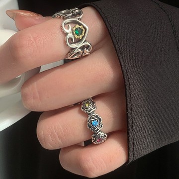 4.12小寶s925銀彩虹鋯玫瑰花開口戒指女輕奢小眾設計精致高級時尚