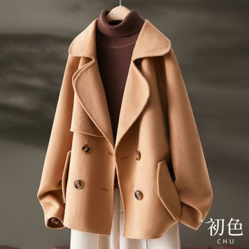 初色 素色修身顯瘦雙排扣短款直筒毛呢大衣外套-駝色-38217(M-XL可選)