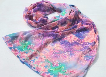 製作期一週【櫻之呼吸 灰】雪紡圍巾 披肩 枝垂櫻 花卉 生日