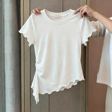 【JK極客】人棉/260克木耳邊褶皺弧形下襬短款大碼上衣女