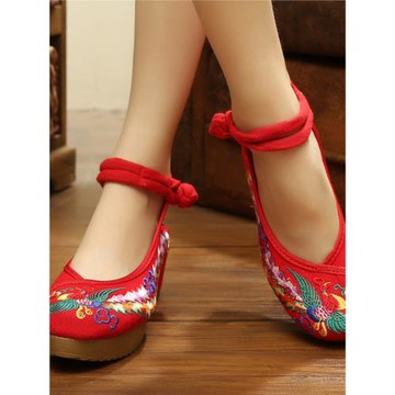 老北京女布鞋女鞋春秋季民族風繡花鞋坡跟單鞋內增高厚底紅色結婚