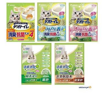 Unicharm 【2入組】日本清新消臭消臭抗菌沸石砂/綠茶紙砂/針葉樹貓砂 3.8L~4L