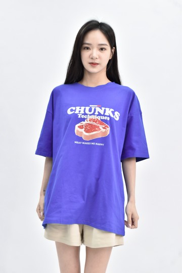 (XL) fashion 棉質寬鬆純棉印花藍色短袖上衣