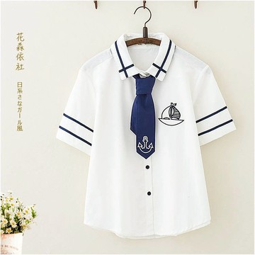 日系夏裝海軍風鐵錨刺繡中學生短袖襯衫少女軟萌妹水手服制服襯衣