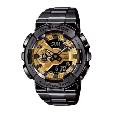 【CASIO 卡西歐】G-SHOCK 人氣雙顯 風貌升級 玩酷黑金 金屬錶圈錶帶 GM-110BD-1A9_48.8mm