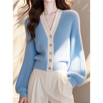時尚氣質絕美藍色V領長袖針織開衫女秋季款超好看小香風外搭上衣