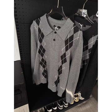 法式復古菱格針織衫男秋冬新款時尚潮流高級感保暖上衣男