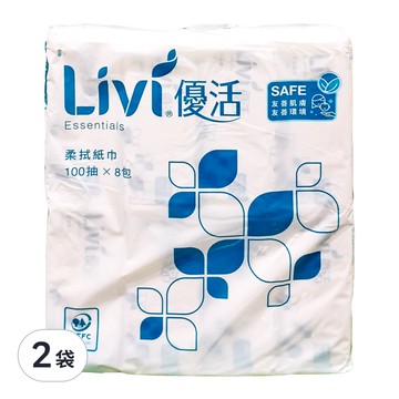 LIVI 優活 抽取式柔拭紙  100抽 x 8包  紙張細膩柔滑 高效吸水性  2袋