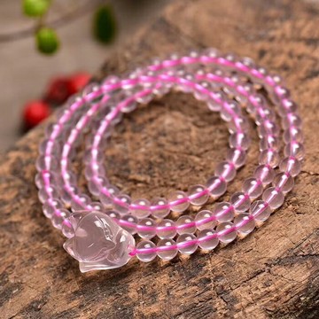 天然粉水晶狐貍手鏈 3圈粉水晶手鏈 粉水晶大頭萌狐手鏈