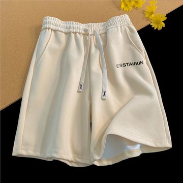 杏色字母跑步短褲男夏季薄款潮牌休閑寬松百搭中褲運動過膝五分褲