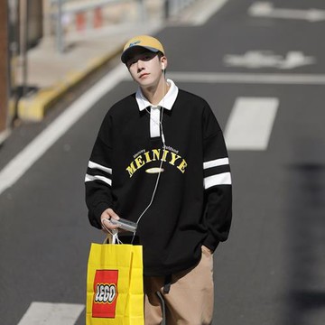 日系cityboy衛衣男polo衫領套頭打底衫春秋寬松休閑內搭男士上衣