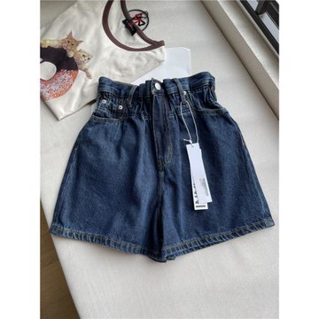 蒿質感Gan春夏高腰花苞松緊腰設計休閑顯瘦牛仔短褲女寬松闊腿