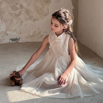 110-160 純白旗袍風蓬蓬珍珠禮裙