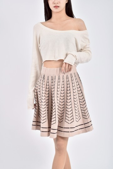 (S) 質感針織鬆緊腰條紋杏色短裙