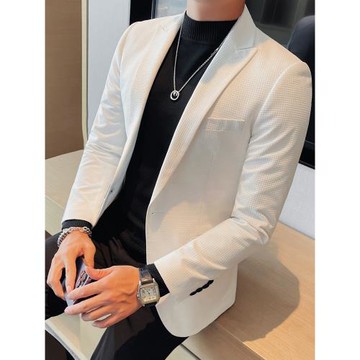 華夫格西裝外套男高級感輕奢帥氣潮流英倫修身商務休閑單西服上衣