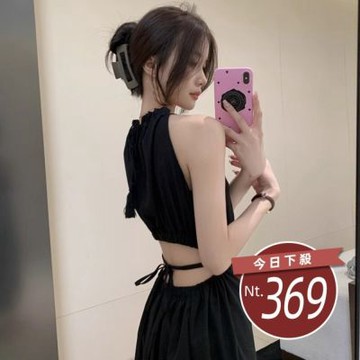 台灣發貨韓版設計感法式鏤空露背洋裝 連身裙 吊帶裙 吊帶褲 女裝S387