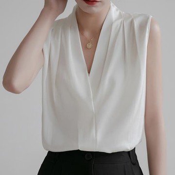 夏薄款寬松洋氣簡約法式通勤西裝內搭緞面白色襯衣女無袖雪紡襯衫