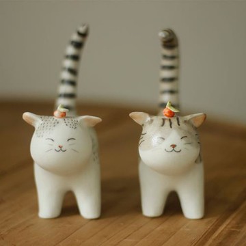 鴻運當頭 柿子事事如意飛機耳貍花貓 喵咪茶寵擺件 陶藝師手作