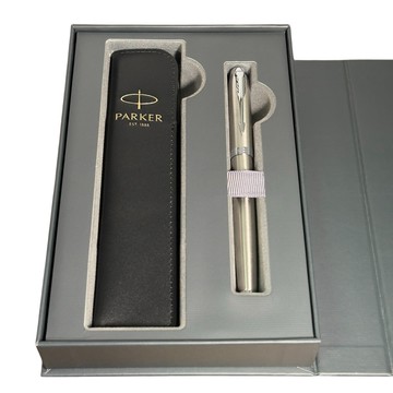 PARKER IM鋼桿白夾鋼筆 真皮筆套禮盒