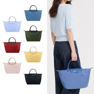 LONGCHAMP LE PLIAGE GREEN系列刺繡短把中型摺疊水餃包(多色選)