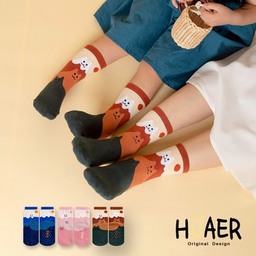 童HUAER漸層富士山貓兒童中筒襪 童襪 富士山咖啡喵 Z0029 MIT台灣製造