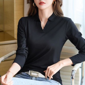 美式正肩polo衫女長袖打底衫純棉翻領上衣經典黑色上班OL 秋裝t恤