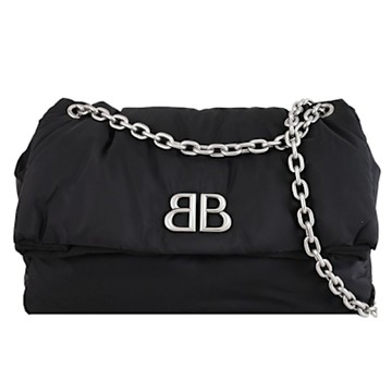 BALENCIAGA MONACO BB 金屬BB LOGO尼龍翻蓋式兩用鍊包(黑 大)
