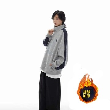 【台灣出貨】男女同款秋冬美式復古拼接立領休閒衛衣情侶日系寬鬆套頭上衣加絨外套美式上衣