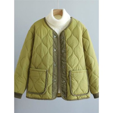 外貿出口法國剪標燈芯絨拼接菱格棉服女高級感圓領寬松保暖棉襖潮