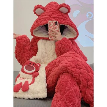 冬季天睡衣女款珊瑚絨三層夾棉加厚加絨法蘭絨可愛家居服連帽套裝