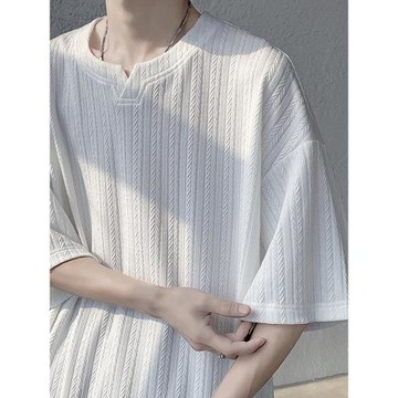 冰絲v領短袖t恤男夏季潮流痞帥重磅半袖寬松大碼男裝休閑體恤上衣