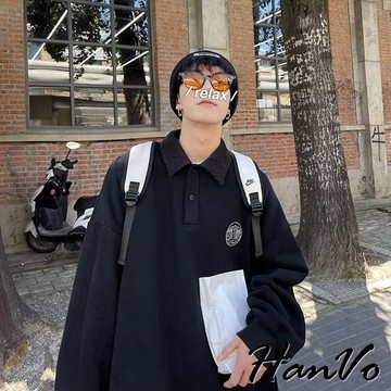 【HanVo】天天出貨 男款山脈刺繡復古翻領長袖 親膚舒適透氣寬鬆質感上衣 韓系潮流T恤 男生衣著 B02-2013