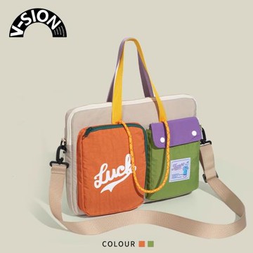 日系可愛多巴胺撞色斜跨手提電腦包大容量收納通勤學生內膽包平板包