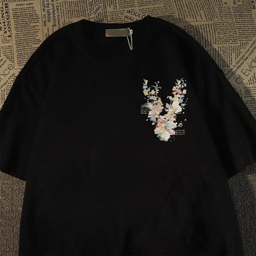 臺灣出貨🎊黎居   260克重磅純棉美式復古花卉仿刺繡印花短袖T恤寬鬆上衣男大減價🎁