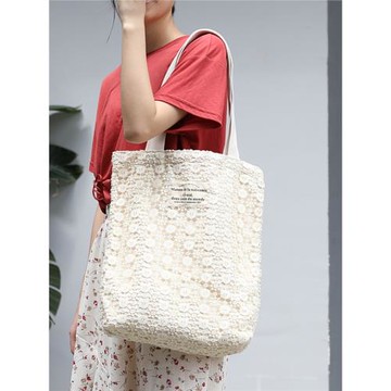 原創新款百搭鏤空帆布包女單肩大包韓版文藝仙女蕾絲手提袋購物袋
