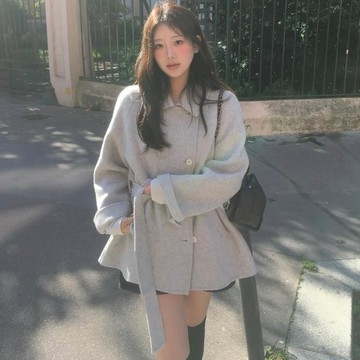ˏˋ𝐻𝑒𝑦 𝑆𝑝𝑟𝑖𝑛𝑔 - ̗̀🌷⛅️ ̖́‎韓國chic秋冬韓系復古翻領甜美休閒寬鬆細腰毛呢外套