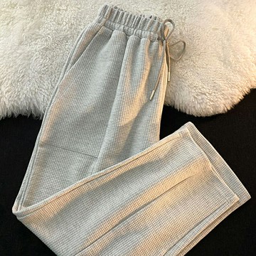 華夫格加絨加厚闊腿衛褲女秋冬新款寬松高腰直筒休閑闊腿拖地長褲