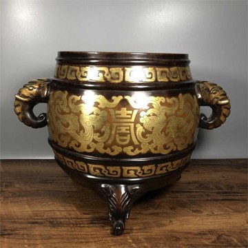 老件紫銅雕花鎏金高24*31*19.8公分9.2公斤吉祥如意象耳香爐擺件