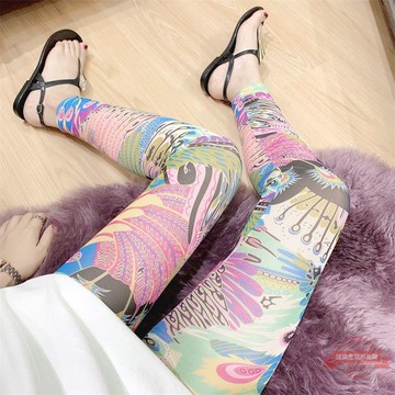 2021夏季薄款韓國網紗彩虹圖案異域民族風情褲子女九分打底褲美體