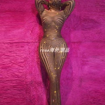 性感網紗透視閃亮亮片鉆石晚宴禮服時尚優雅大氣黑色火辣連衣裙