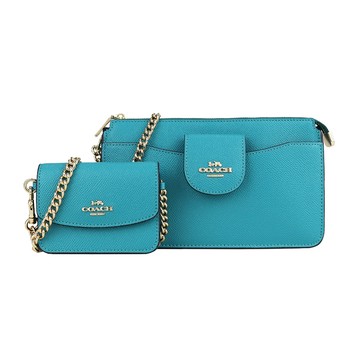 COACH 立體馬車LOGO防刮皮革金屬鍊帶子母斜背麻將包(湖水綠)