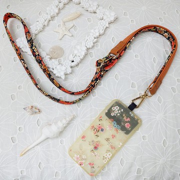 三合一多功能黑橘色韓國棉布手機斜背繩/斜背帶/背繩/掛繩