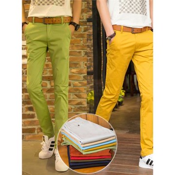 新款韓版男休閑褲修身潮流個性小腳褲百搭水洗彈力休閑長褲檸黃色