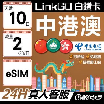 LINKGO白鑽卡 中港澳 eSIM卡 10天上網卡 每日2GB 無速流量 免翻牆可熱點(中港澳網卡 中國 大陸 香港 澳門 虛擬卡)