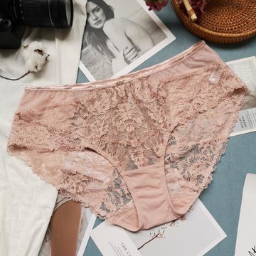 小芬歐美外貿原單淺粉色蕾絲邊網紗三角褲女性感內褲女中低腰抗菌