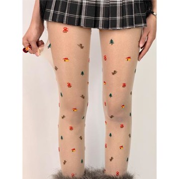 BON 小眾日系圣誕樹房子元素連褲襪女甜美薄款透肉打底絲襪ins潮