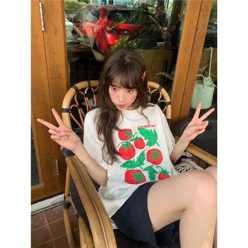 你好卡農 原創番茄印花休閑短袖t恤女夏新款獨特寬松圓領純棉上衣